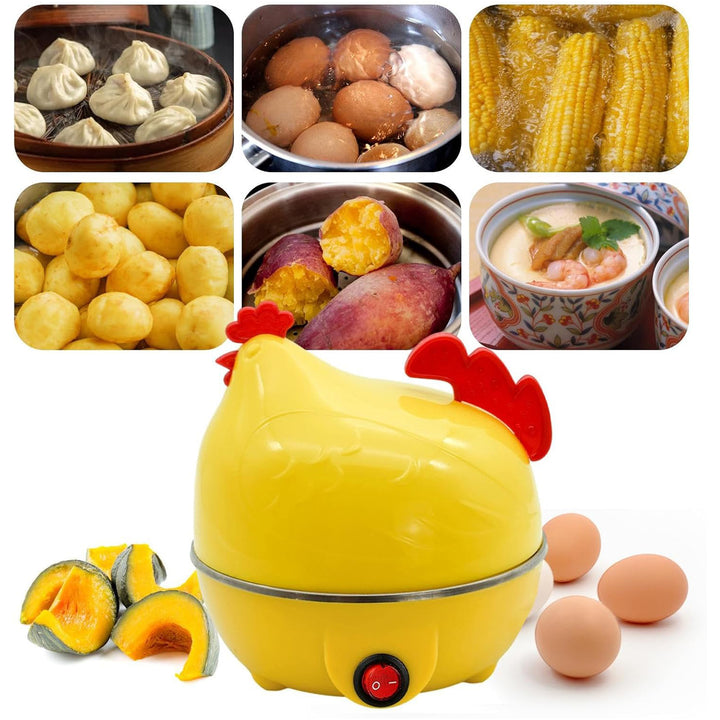 Chicken-shaped egg cooker in yellow, perfect for boiling eggs, steaming vegetables, and more