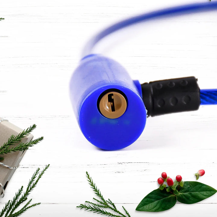 Close-up of a blue multipurpose security lock suitable for securing automotive items