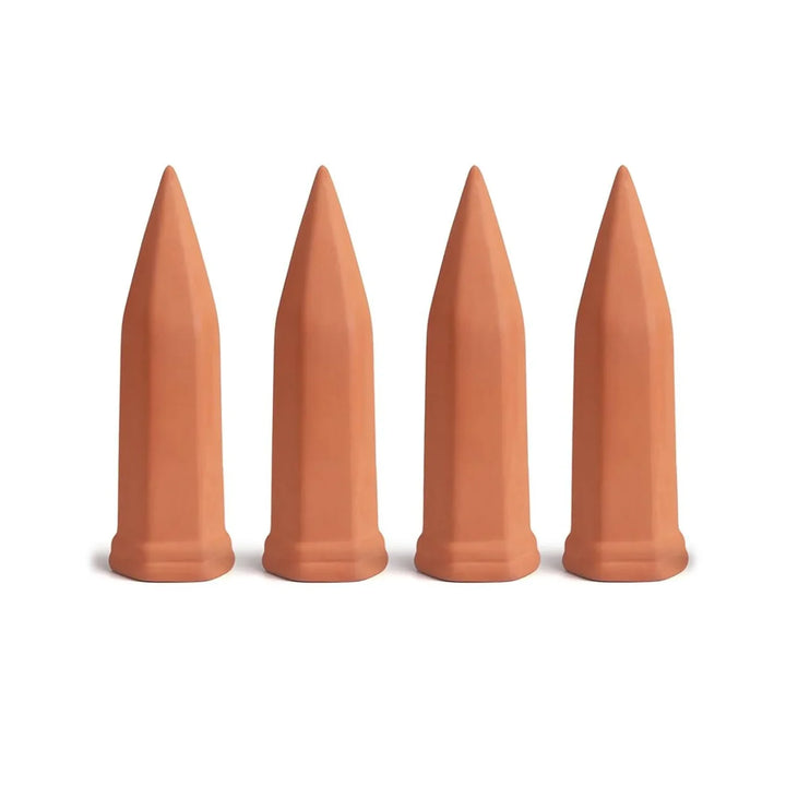Terracotta self watering spikes for plants in a set of four, designed for efficient automatic watering