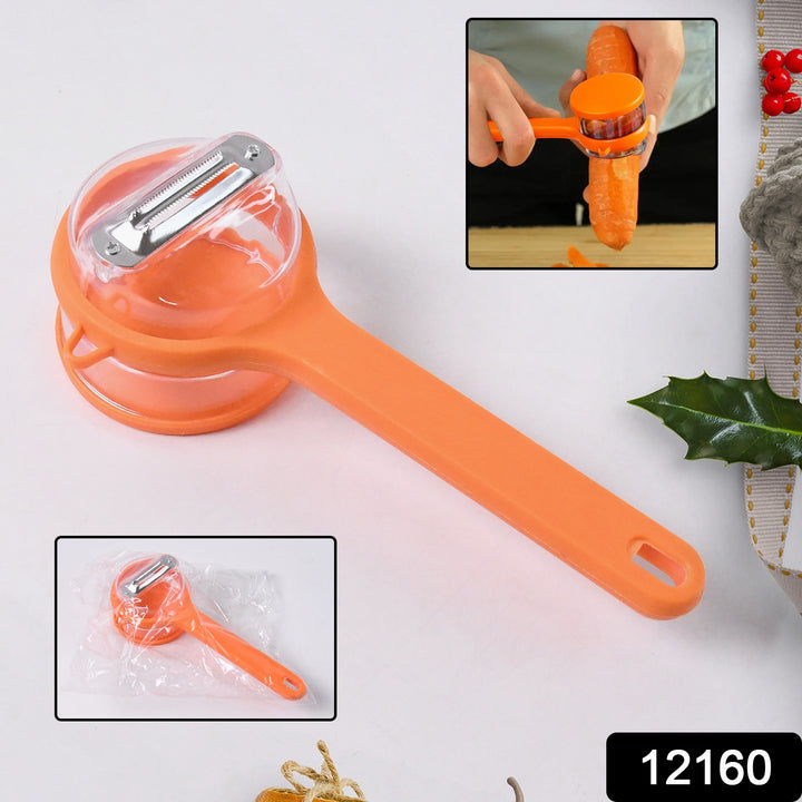 Orange stainless steel vegetable peeler with ergonomic handle for easy peeling of carrots and vegetables