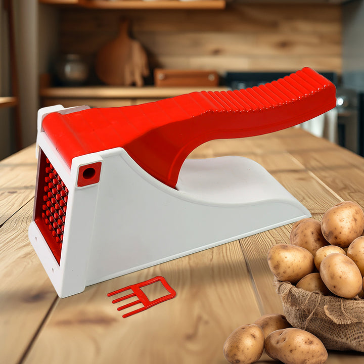 Potato chip slicer kitchen tool in red and white for making perfect potato chips at home