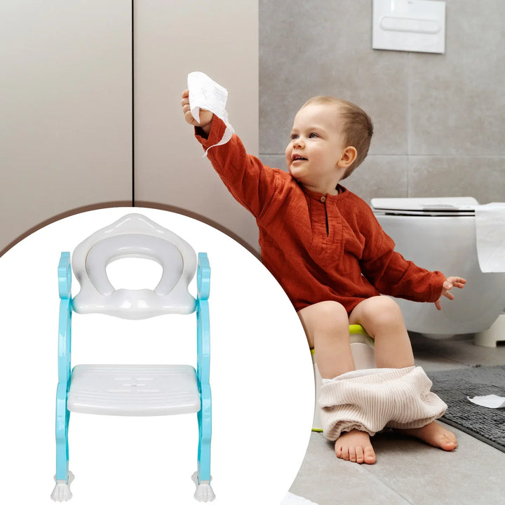 Toddler using a potty training seat with ladder for easy access to the toilet during potty training