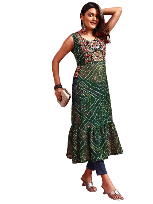 Women's Geogette Embroidered Bandhani Print Navratri Speical Kurta