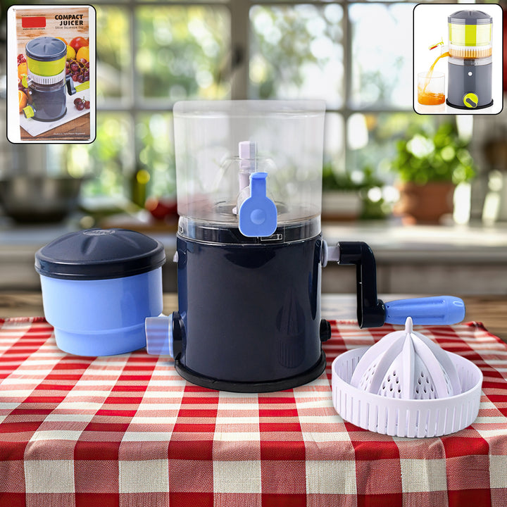 Superior eMart compact hand operated juicer in black and blue with detachable parts on a red checkered table
