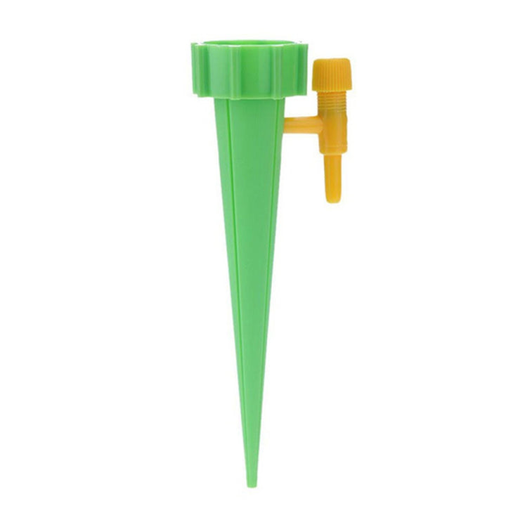 Green self-watering spikes for plants with adjustable flow control for easy watering