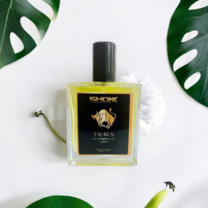 Taurus Zodiac Unisex Perfum 50ml bottle with black cap and gold label on white background