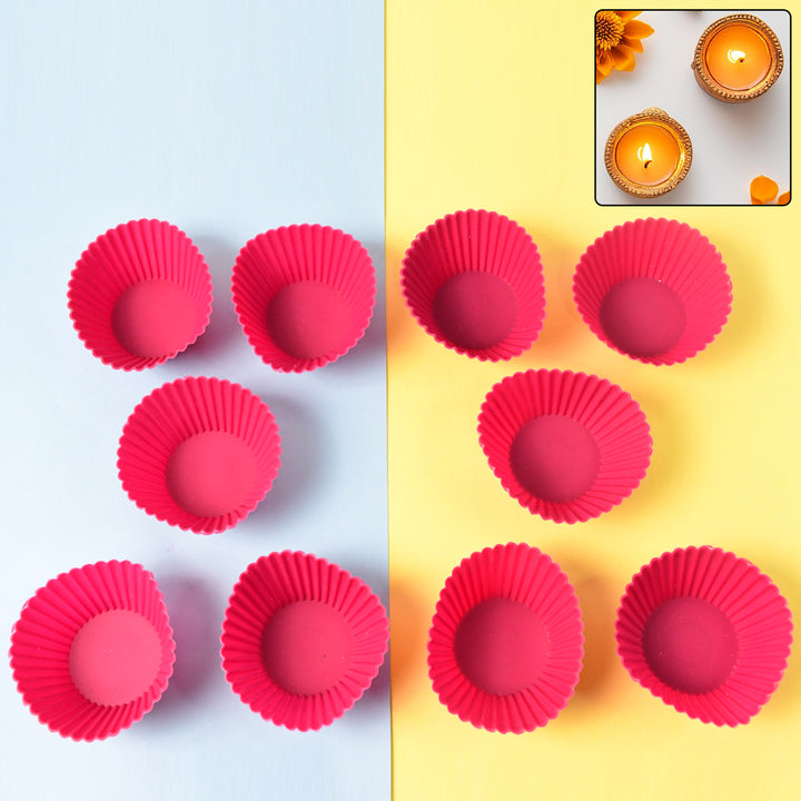 Superior eMart silicone cupcake molds set in bright pink with fluted edges on blue and yellow background