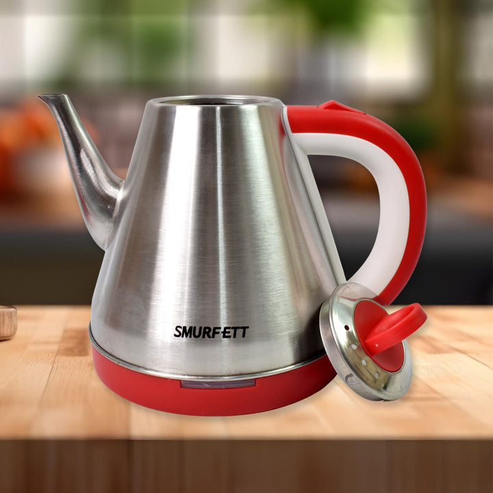 Superior eMart 1500w electric kettle 1.5 liter in stainless steel with a red handle and lid