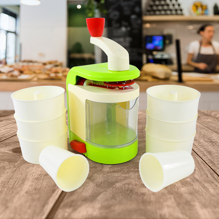 Superior eMart spiral potato twister maker in green and white with multiple cups on wooden table