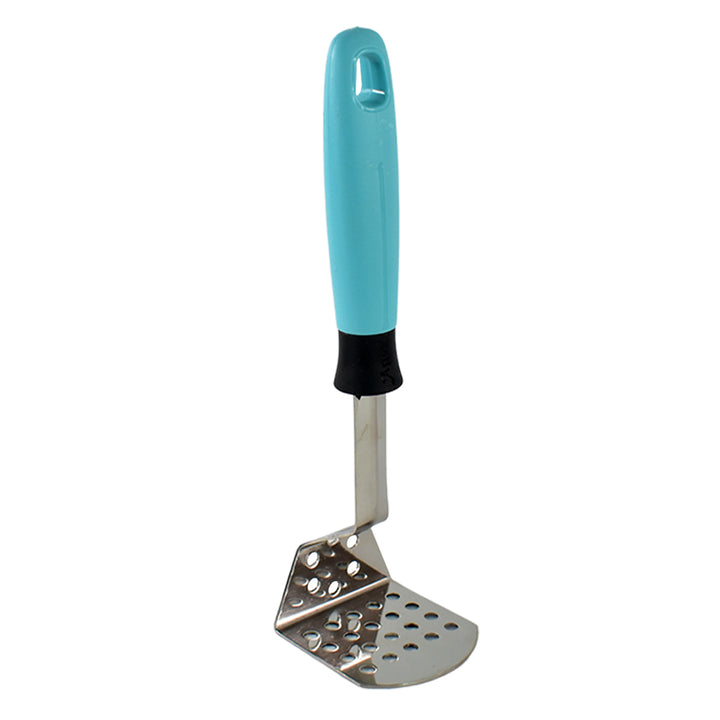 Stainless steel potato masher with turquoise ergonomic handle for easy mashing and superior grip