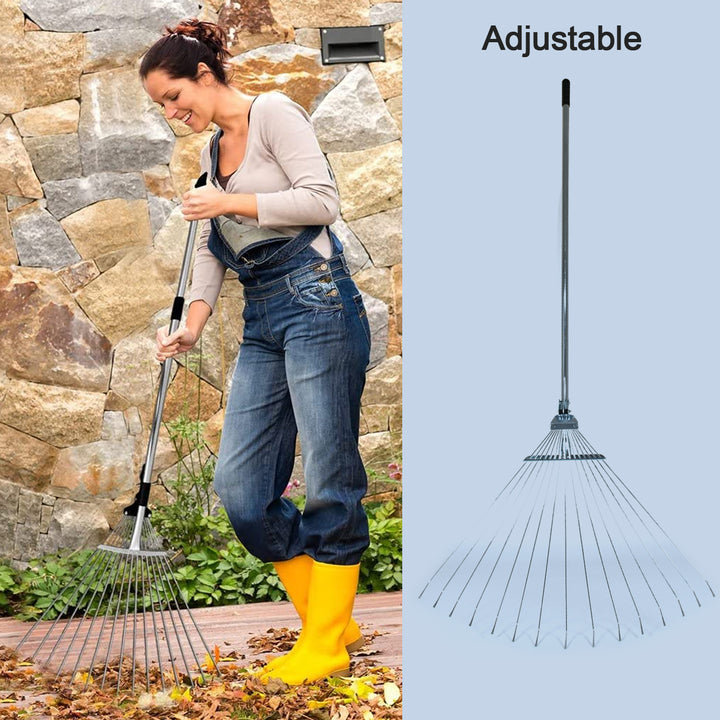 Woman using a stainless steel rake for lawn to gather leaves in her garden, showcasing its adjustable design