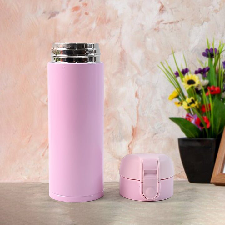 Pink stainless steel vacuum bottle 350ml with a matching lid for keeping drinks hot or cold
