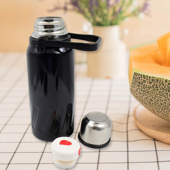 Black stainless steel water bottle 1200ml with a secure lid and removable cap for easy filling