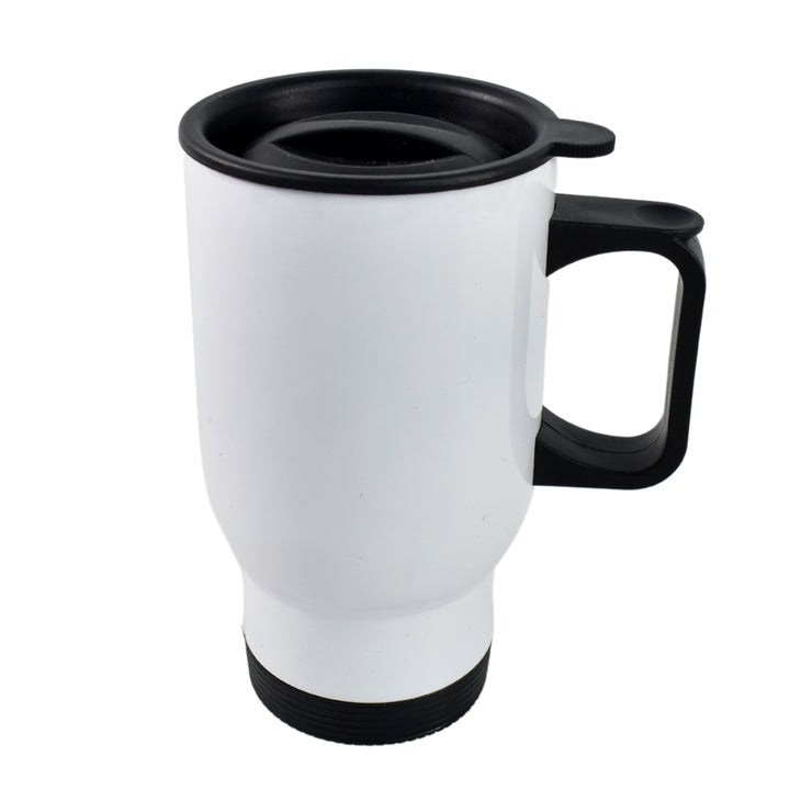 Superior eMart white thermal glass travel mug 300ml with black handle and lid for hot beverages