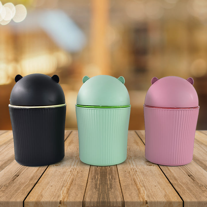 1200ml desktop trash can in black green and pink with bear ear lid by Superior eMart
