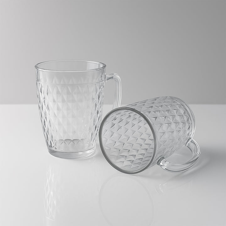 Superior eMart 400ml glass mugs for mocktails with textured diamond pattern and handles set on white surface