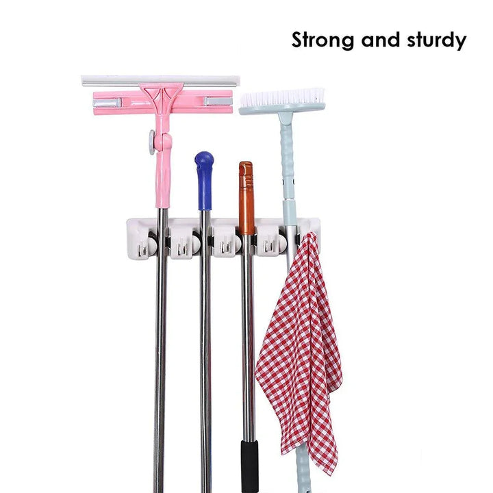 Wall mounted mop organizer with multiple hooks for easy storage of cleaning tools and accessories