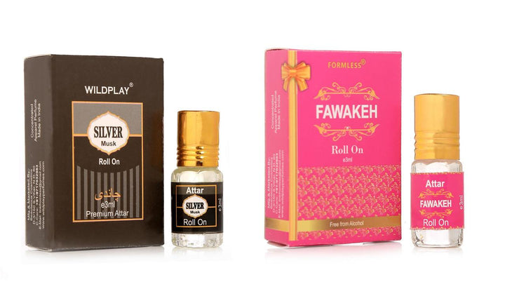 Silver Musk and Fawakeh attar 3ml roll on bottles with black and pink packaging for premium fragrance