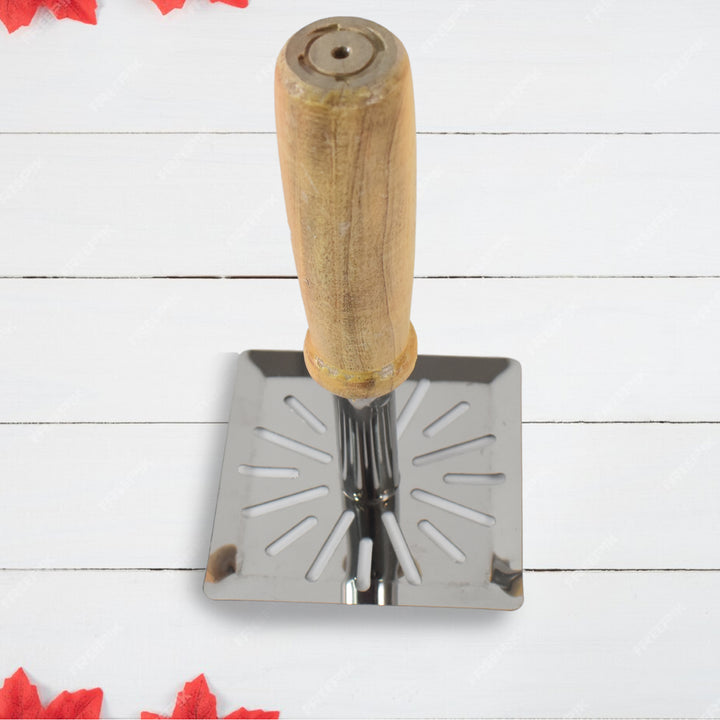 Superior eMart wooden handle potato masher with stainless steel mashing plate on white background