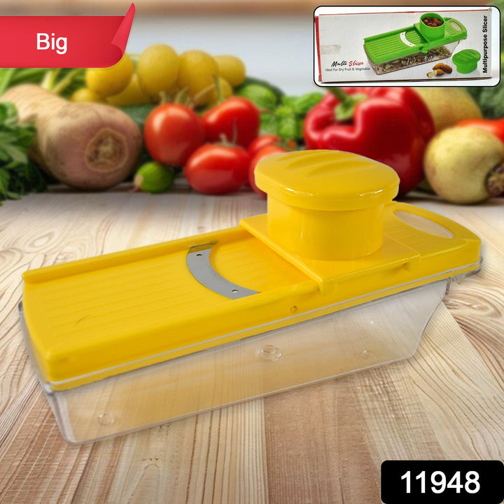 Superior eMart yellow multipurpose vegetable and fruit slicer with safety holder on wooden table