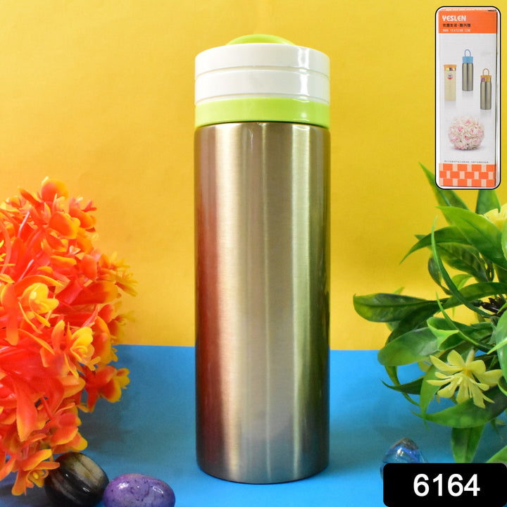 Superior eMart 300ml insulated water bottle stainless steel with green and white lid surrounded by colorful flowers