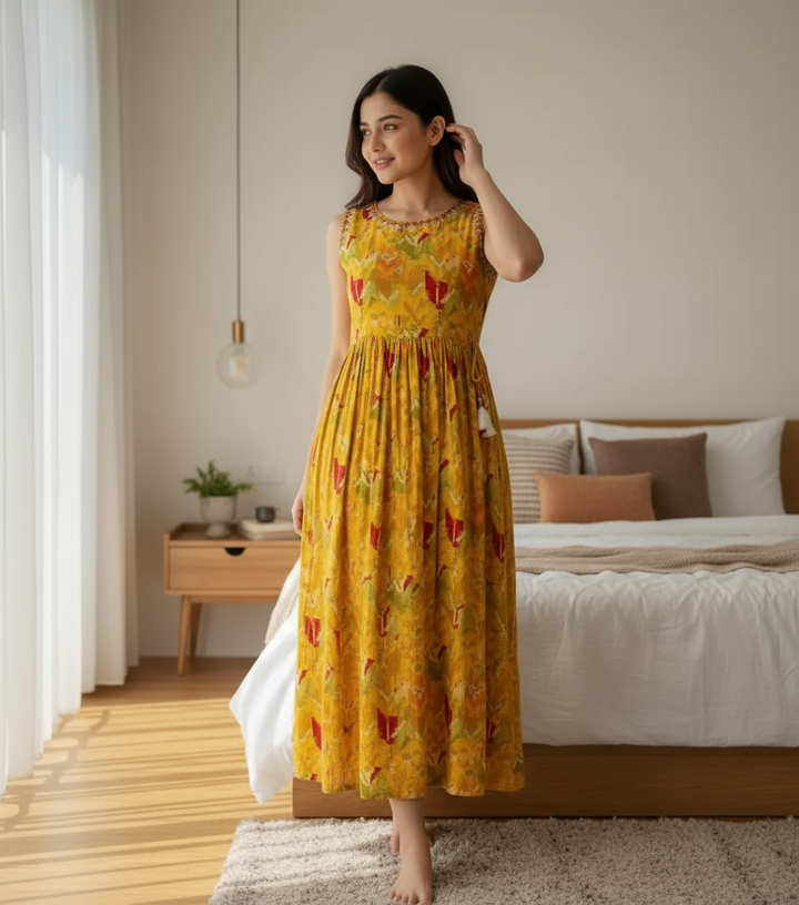 Sleeveless kurti with yellow printed embroidery