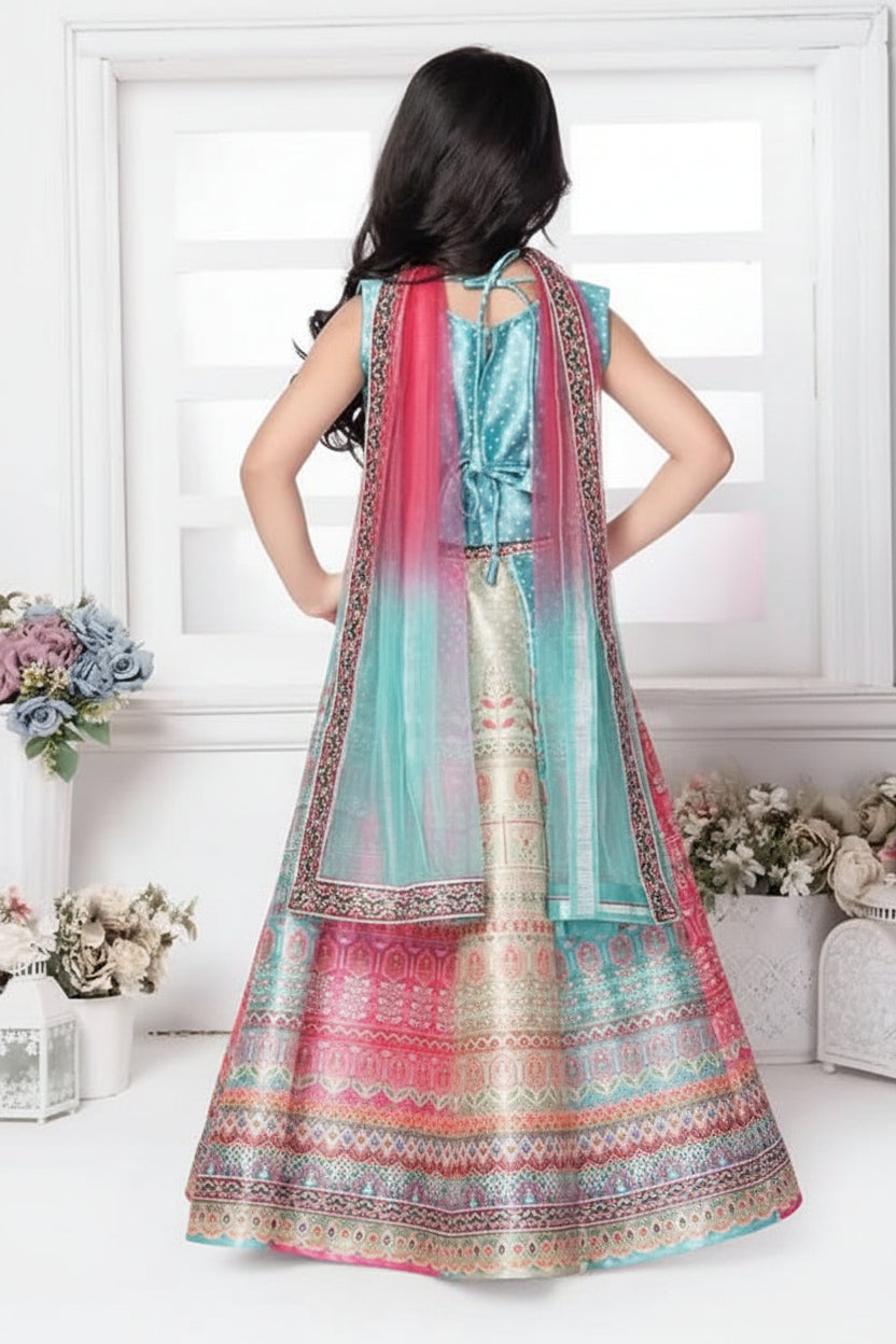 Woman wearing a colorful traditional outfit with a white background