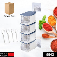 Adhesive wall-mounted seasoning box, 4 layers, spice storage with spoon.