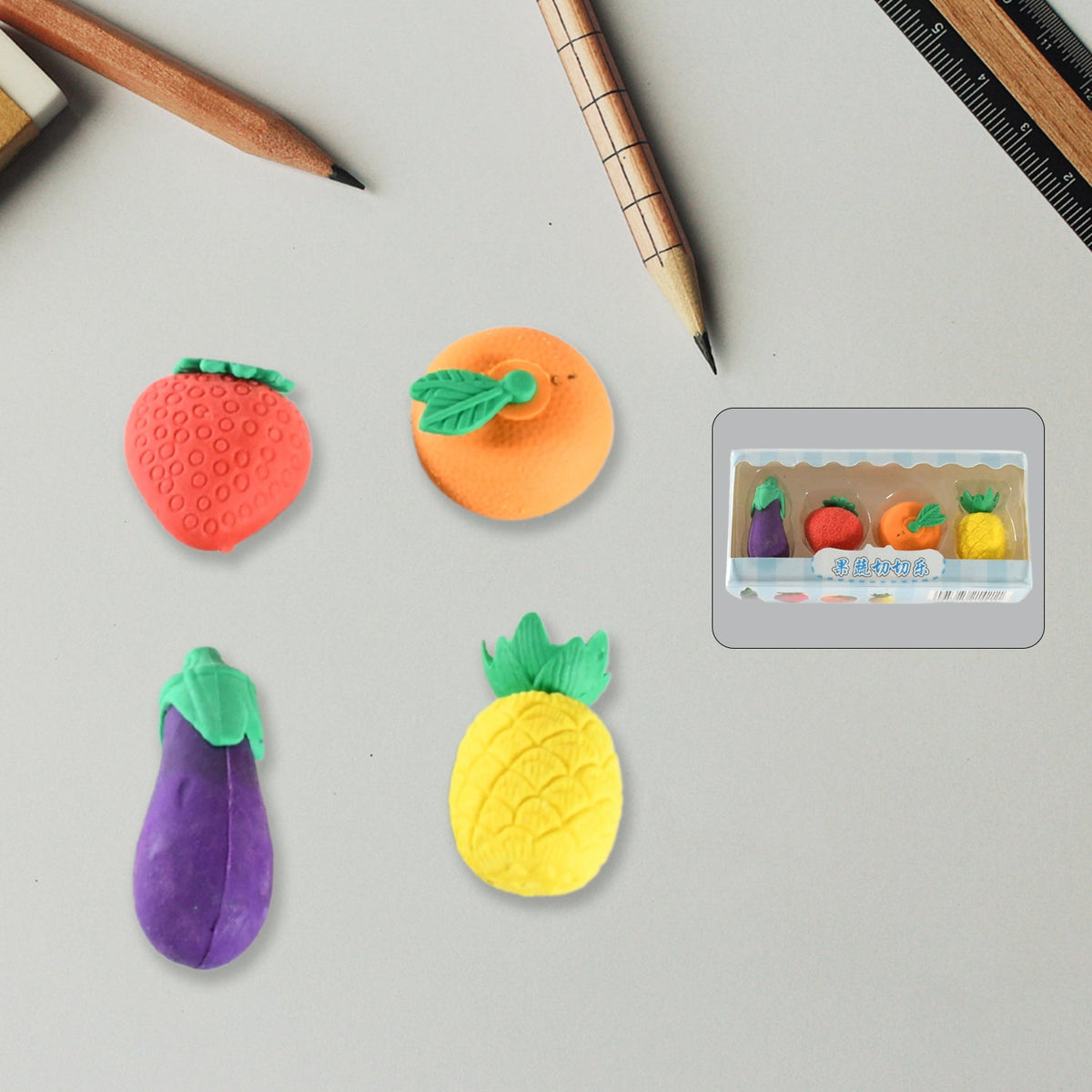 Mini Cute Vegetables and Fruits Erasers or Pencil Rubbers for Kids, 1 Set Fancy  - 8760_fruits_n_veg_erasers_4pc