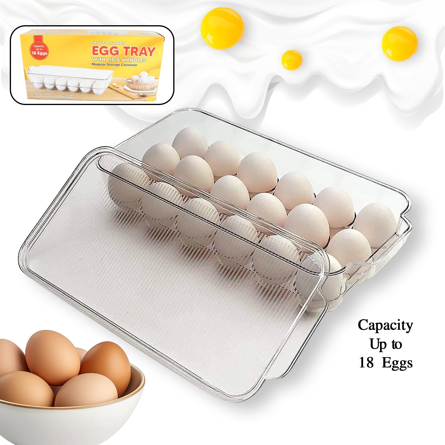 Plastic 18 Cavity Egg Storage Box Or Egg Trays For Refrigerator With Lid & Handl - 5623_18_grid_egg_storage_box_brown