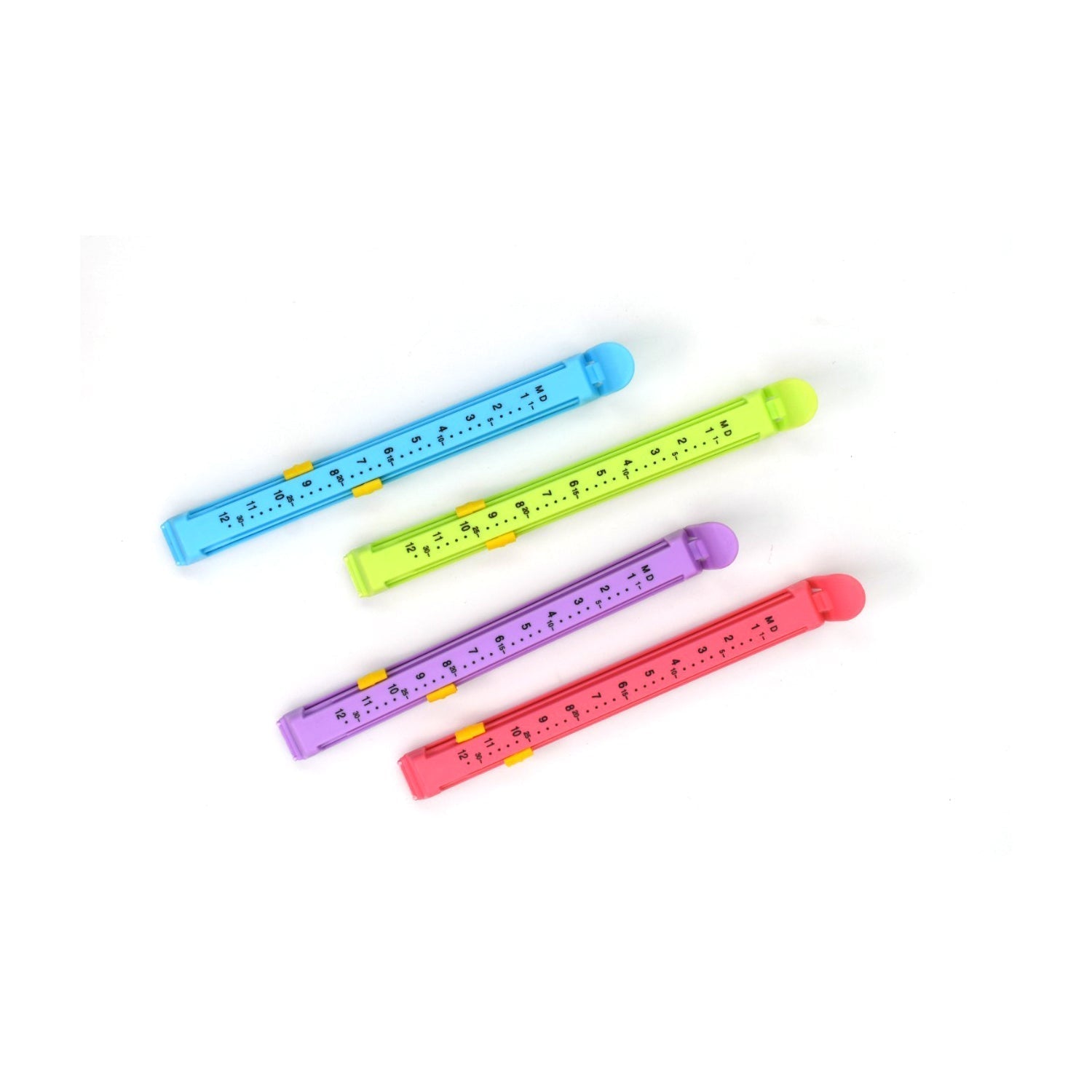 Multicolor plastic food pouch clips for keeping food fresh.