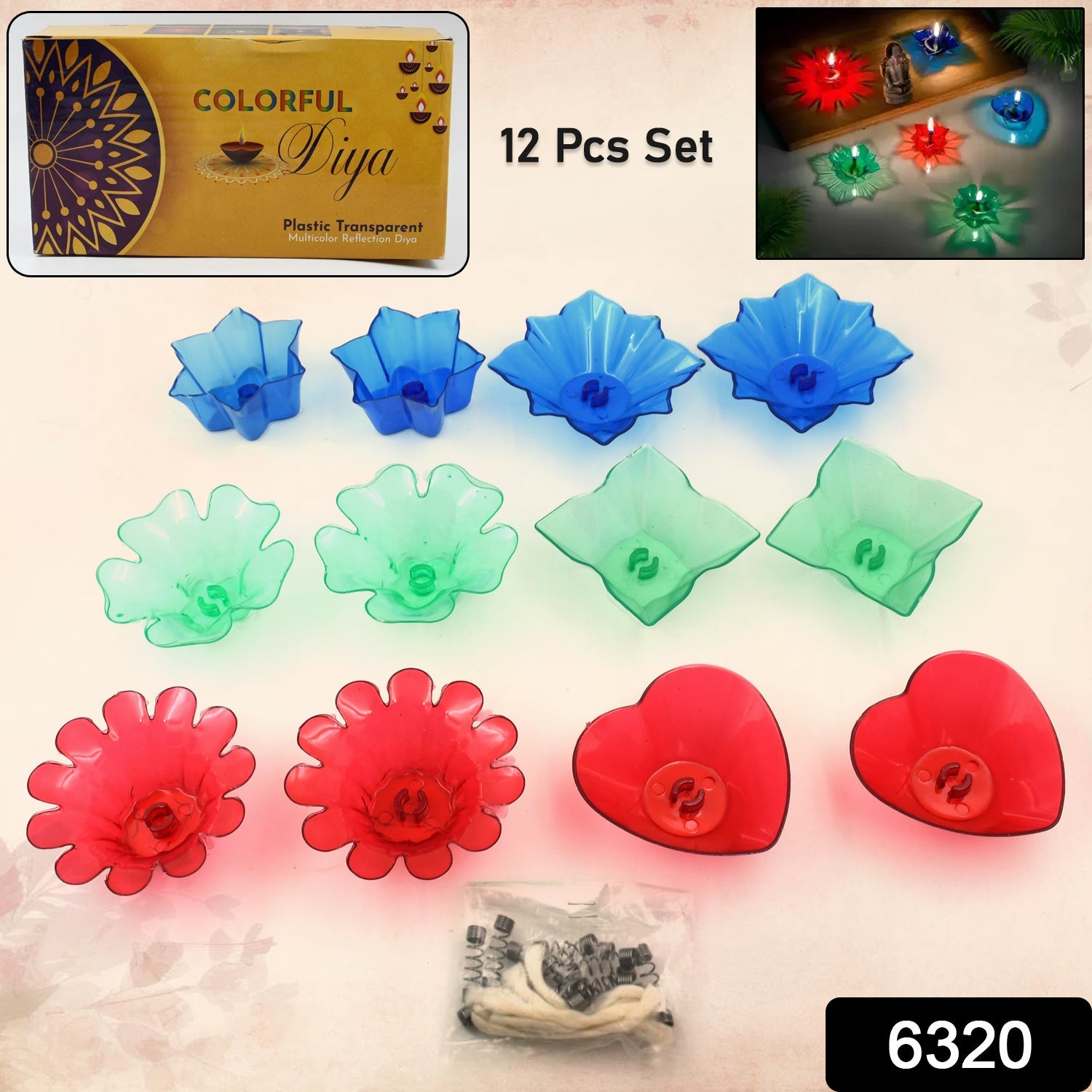 Magical Reflection Diya Set with 6 Attractive Design Cup Set Of 12 Pieces - 6320_12pc_pla_reflection_diya