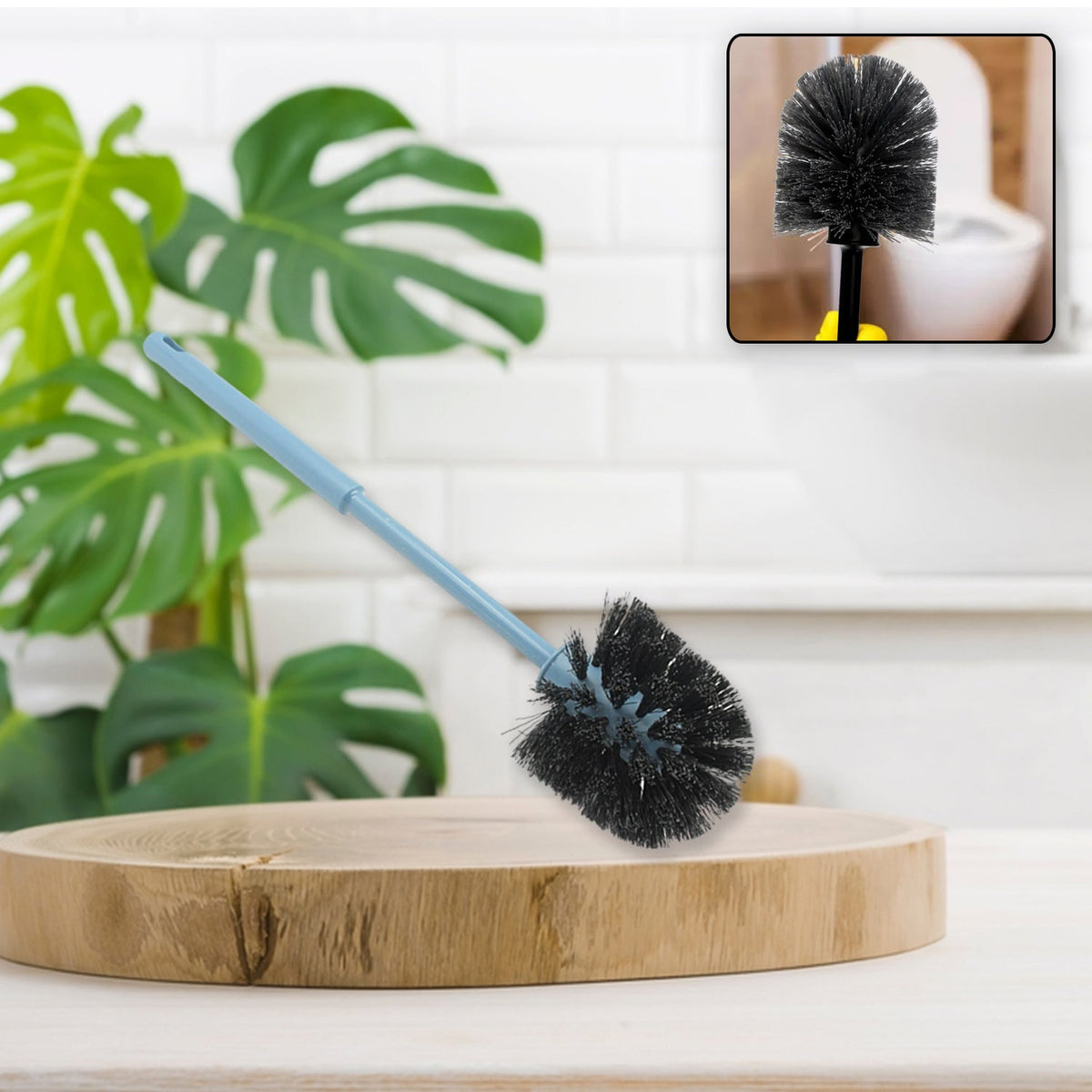 Round toilet brush with handle for effective bathroom cleaning