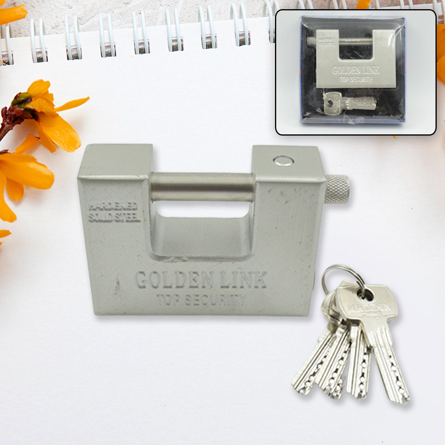 94mm Stainless Steel Padlock: Rectangular, Hardened Steel, 5 Keys - 9323_steel_pad_lock_94mm