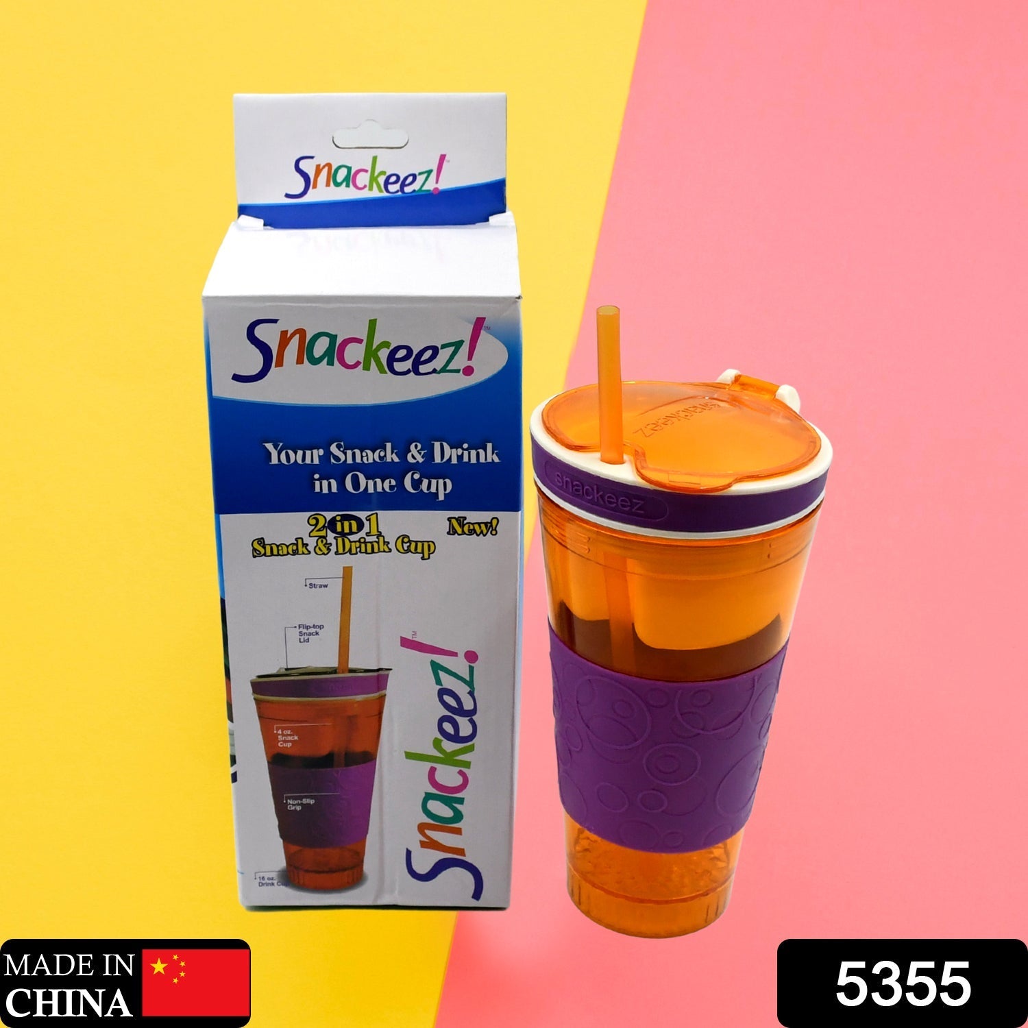 Travel cup with built-in snack container, designed for snacks and beverages on the go.