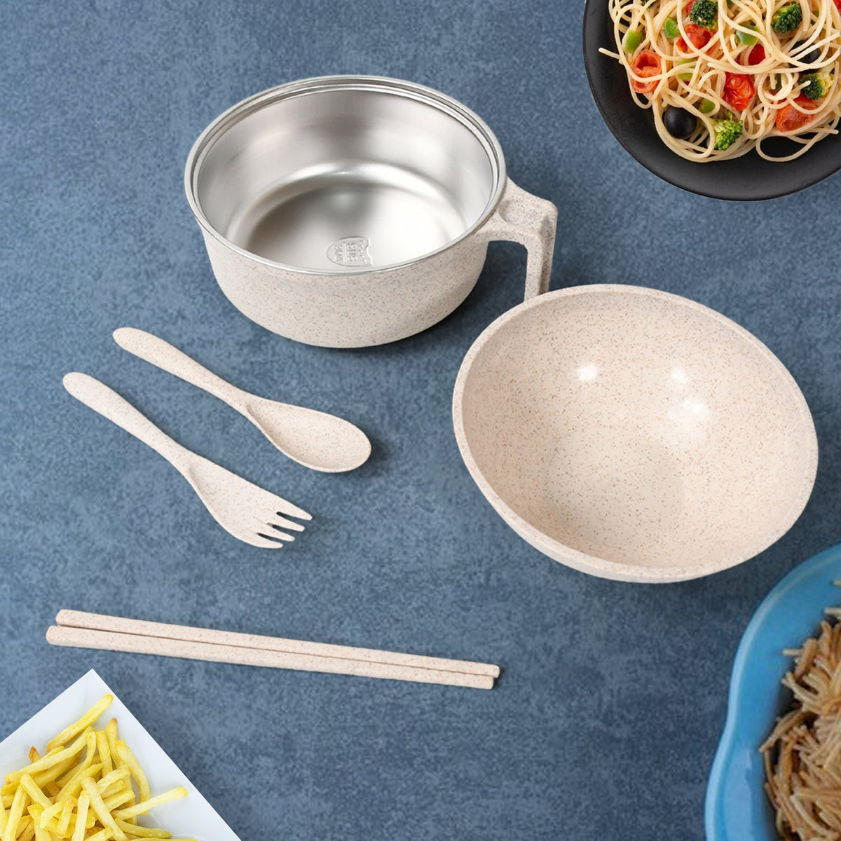 Rice Bowl Noodle 1 Bowl with 1 Lid and Handle Wheat Straw Noodle Bowls with Whea - 5606_snacks_bowl_with_lid_6pcs