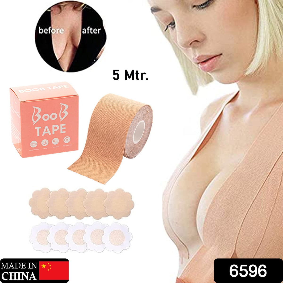 Boob Tape with Nipple Covers: Cotton, Breathable, Lift & Support (5m, 10 Pairs) - 6596_boob_tape_5m_1pc