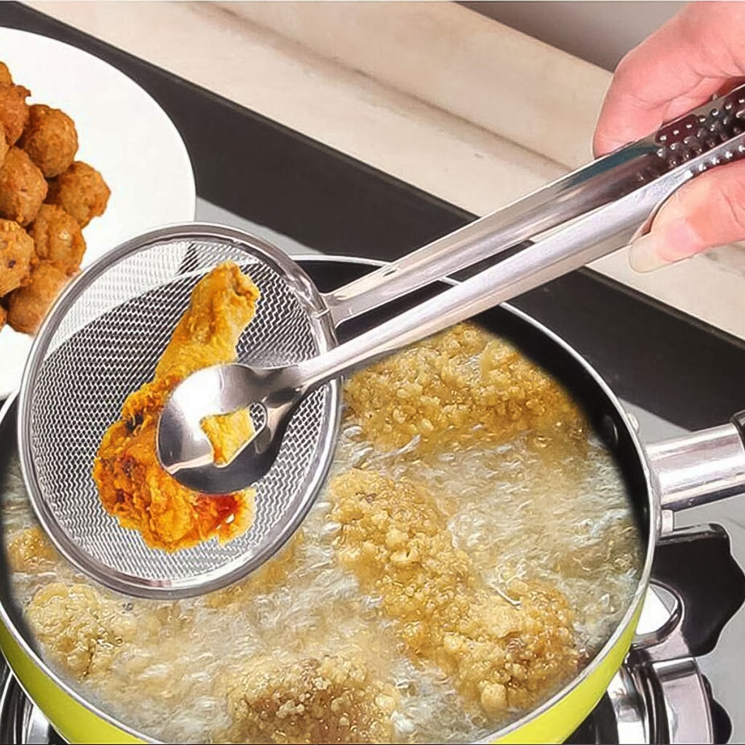 2In1 Stainless Steel Filter Spoon with Clip Food Kitchen Oil-Frying Multi-Functi - 2412_2in1_fry_tool