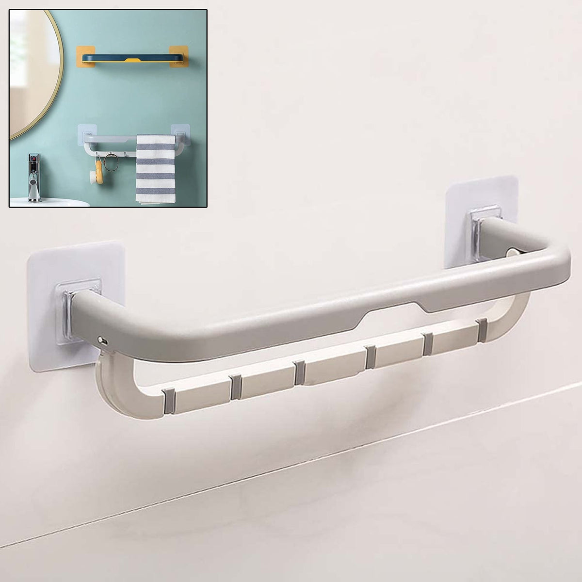 Wall Mounted Double Bar Towel Holder with Hooks | Multifunctional Adjustable Tow - 1515_folding_double_towel_rack