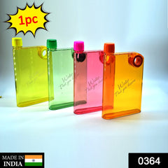 Multicolor water bottle with notebook design.