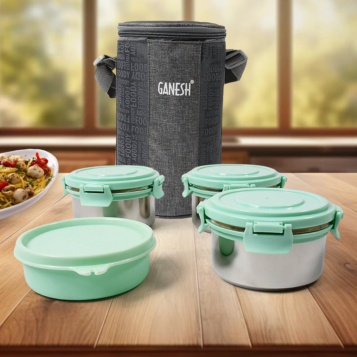 Ganesh 4In1 Tiffin Box-Lunch Box | 3 Stainless Steel Containers 300 Ml Approx & - 8717_4in1_ganesh_tiffin_box_n_bag