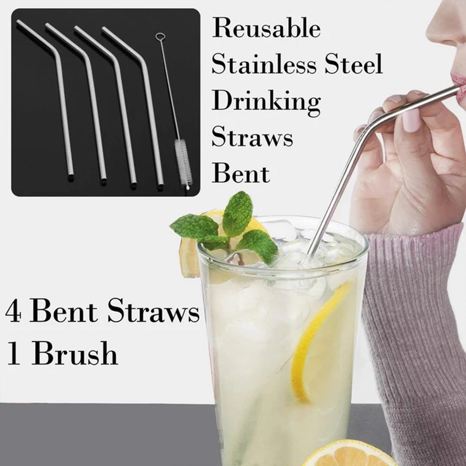 Reusable Stainless Steel Drinking Straws Bent (4 Bent Straws, 1 Brush) - 1733_5pc_bent_straw_cmb