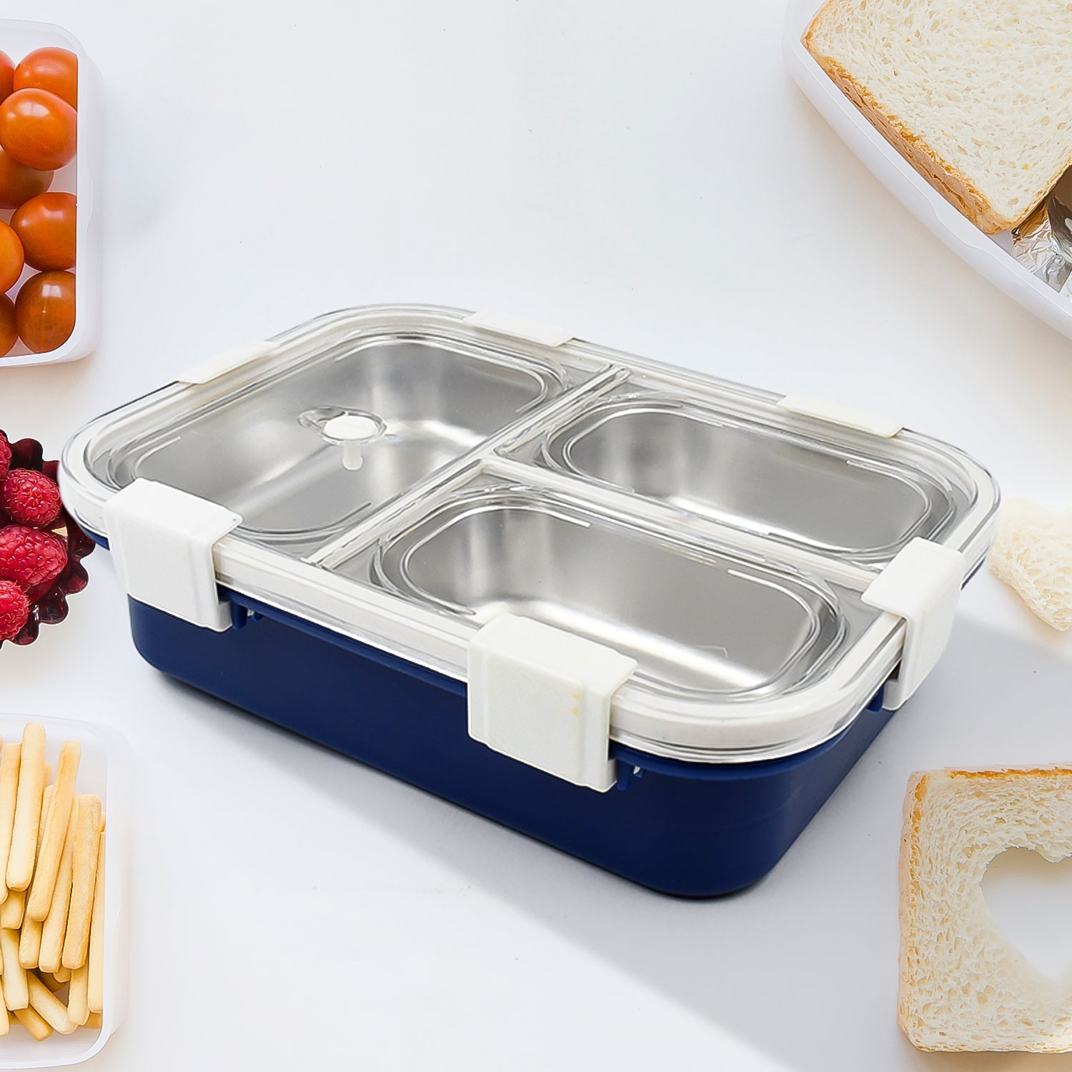 3 Compartment Transparent Stainless Steel Lunch Box for Kids, Tiffin Box, Lunch  - 5500_ss_3compartment_lunch_box