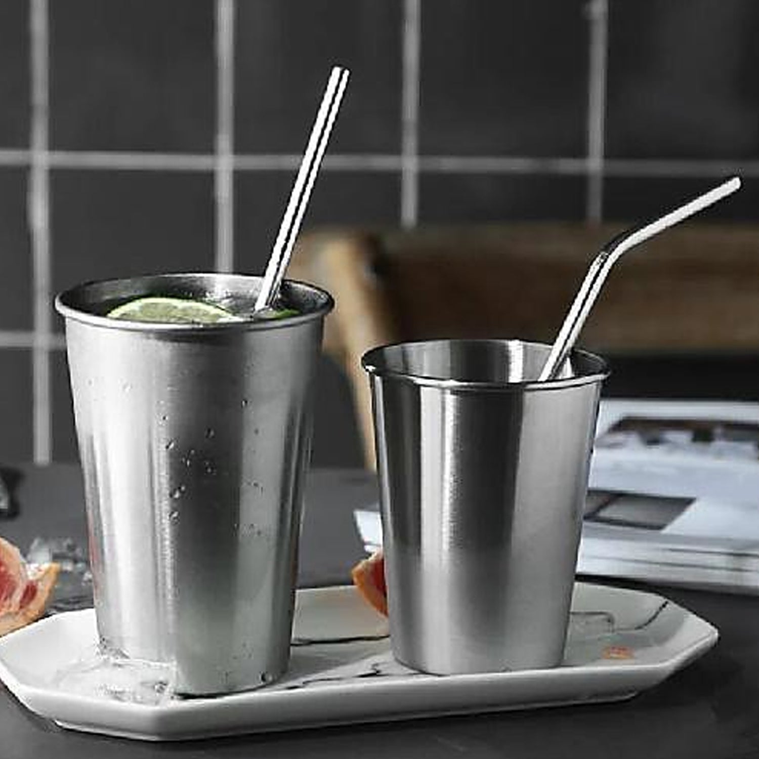 Reusable Stainless Steel Straws with Travel Case Cleaning Brush Eco Friendly Ext - 0600_steel_drinking_straws_4pc