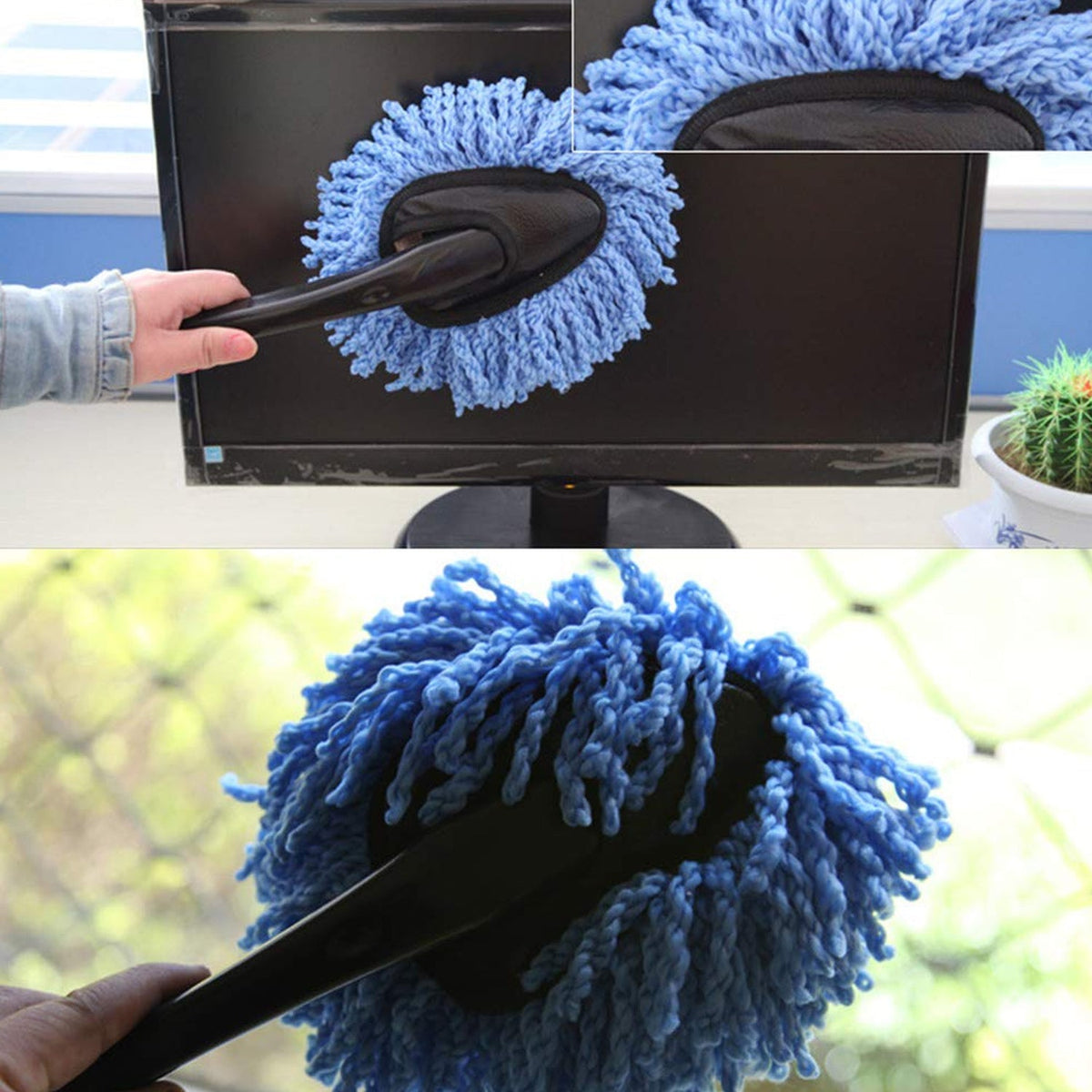 Microfiber car wash brush for cleaning windows and exterior, dusting tool.