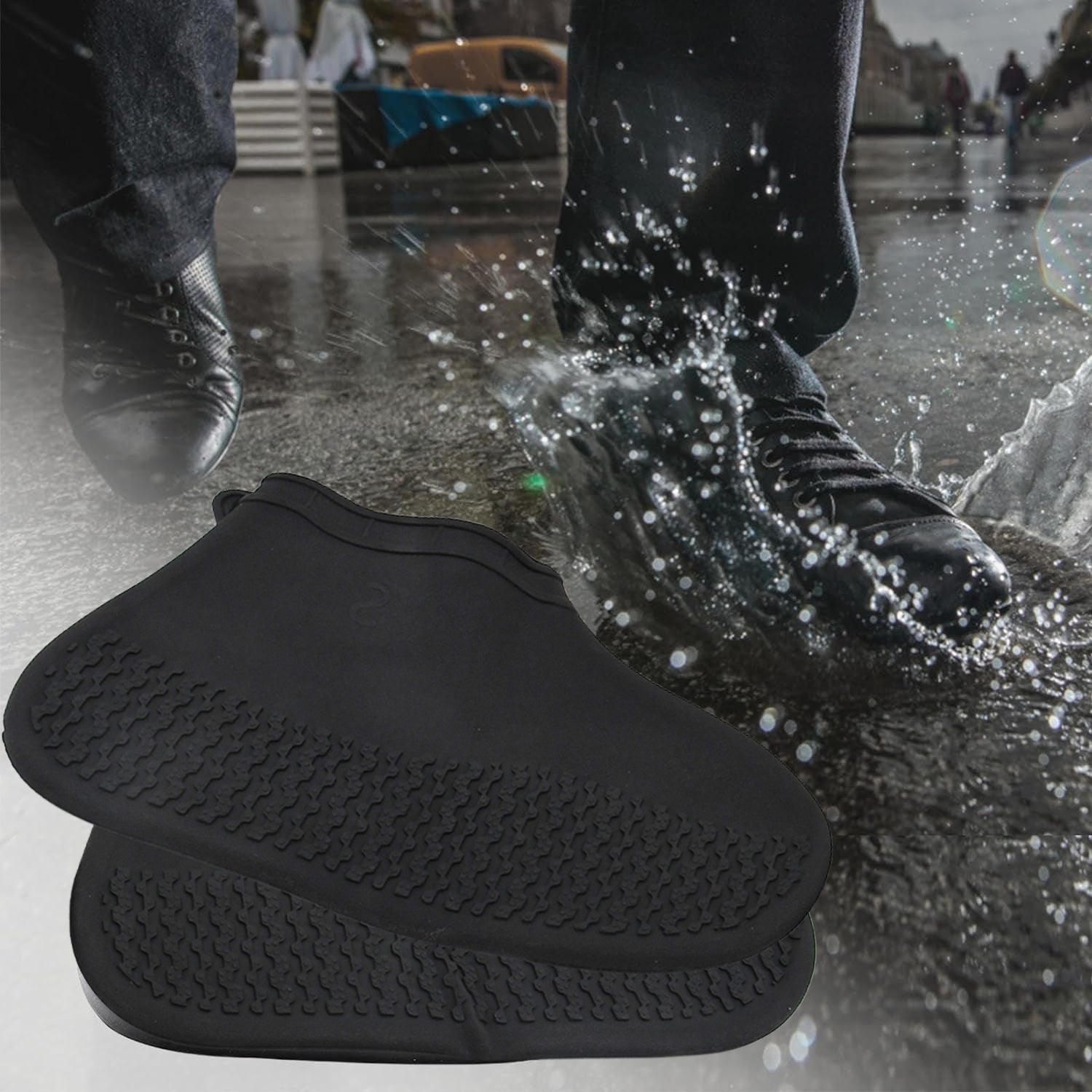 Non-Slip Silicone Rain Reusable Anti skid Waterproof Fordable Boot Shoe Cover (S - 17981_black_sili_shoe_cover_small