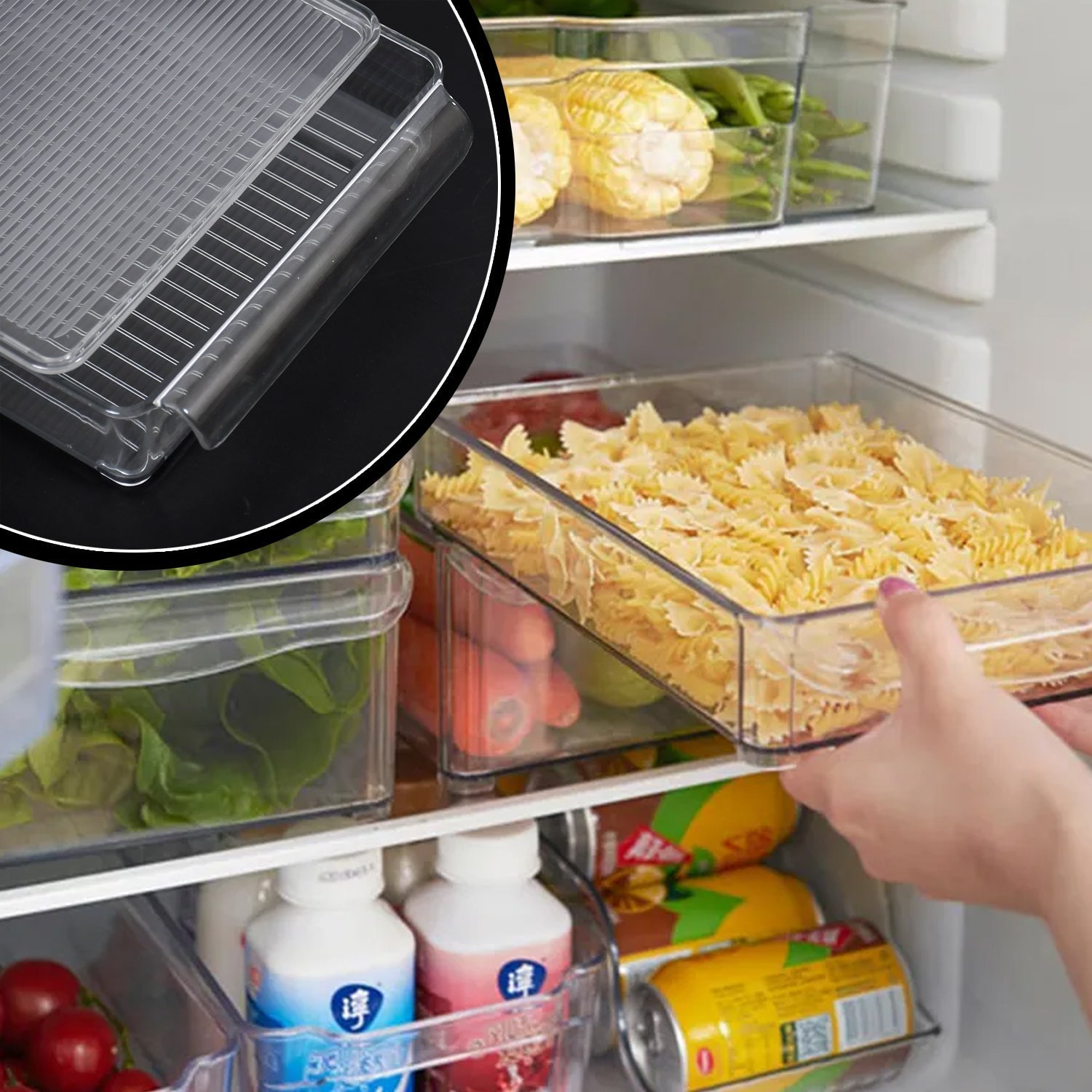 Stackable storage bins for refrigerator and kitchen use