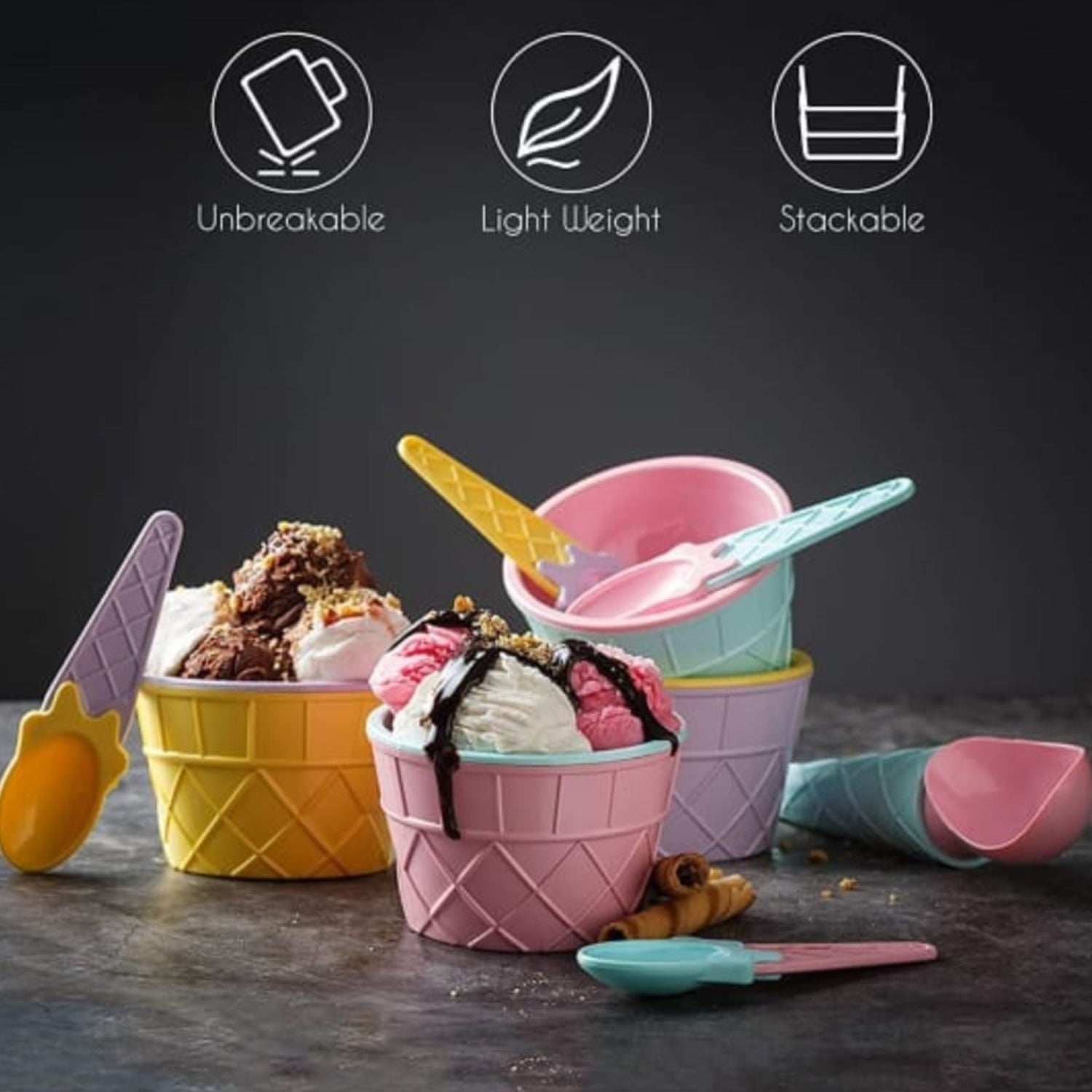 Ice-Cream Waffle Spoon Bowel Cup Set |  ice Cream Set | Ice-Cream Bowel w - 5322_icecream_bowl_set_6pc