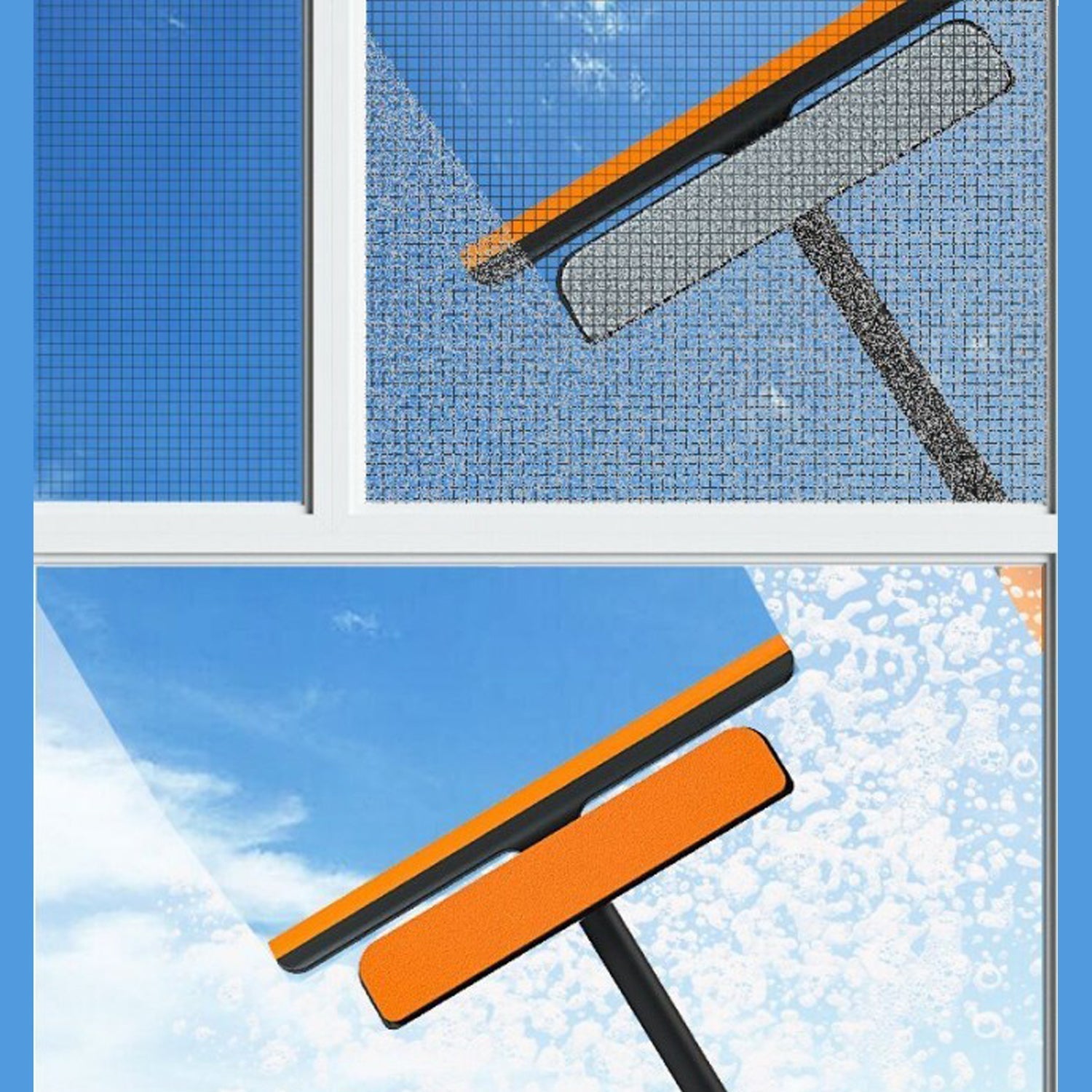 Multi-functional cleaning brush for various surfaces, including glass and floors.