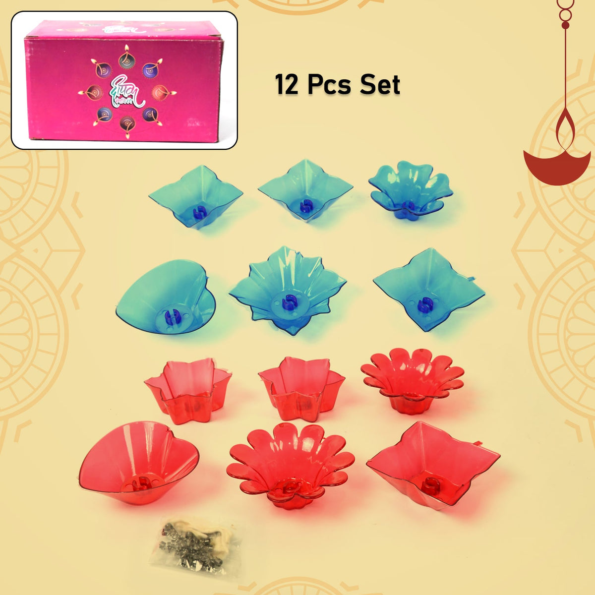 Reflection Diya Combo Plastic Candle Cup with Multi Shape (12 Pcs Set) - 13626_pla_reflection_diya_combo_12pc